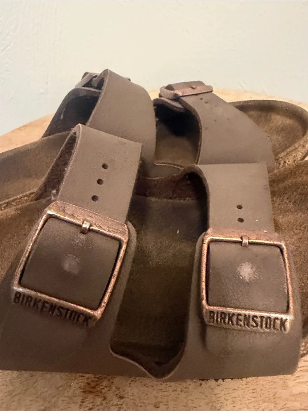 Birkenstock Kids Brown Two-Strap Slide Sandals with Copper Buckles